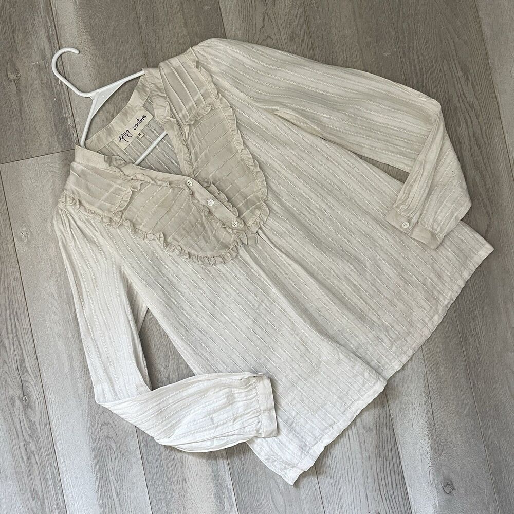 Vintage Peasant Blouse ruffle striped womens Cream (medium) boho renaissance